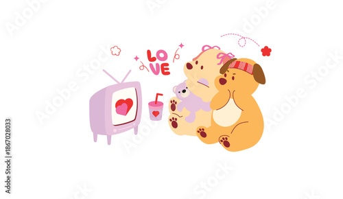 Valentine dog couple vector illustration with love message, hearts and cozy mood. Cute hand drawn design for greeting cards, stickers and social posts.