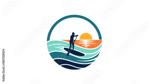 Silhouette of a person paddleboarding on the ocean at sunset, capturing a serene water sport moment.