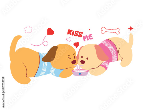 Valentine cute dogs vector illustration with kiss me message, hearts and playful mood. Cute hand drawn design for greeting cards, stickers and posters.
