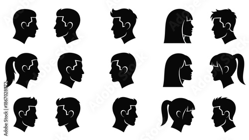 Diverse collection of human face profiles in striking black silhouette