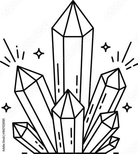 Simple black and white line art illustration depicting a cluster of beautiful multifaceted quartz crystals shining brightly with small star accents.
