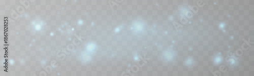 Blue glitter dust sparkles with shimmer, twinkle, glowing particles across glowing bokeh. Sparks, stardust particles, luminous highlights, flare create magical festive light. PNG vector illustration.