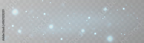 Soft blue glowing dust sparkles with glitter, sparks, shimmer over blurred bokeh. Luminous particles, twinkle, radiant highlights create festive Christmas and New Year magic. PNG vector illustration.