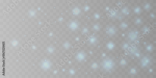 Blue glittering dust sparkles shimmer, sparks, glowing particles across bokeh blur. Twinkle, luminous highlights, flare elegant Christmas and New Year festive illumination. PNG vector illustration.