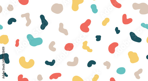 Playful seamless pattern of colorful abstract organic shapes scattered randomly on a clean white background, resembling terrazzo.