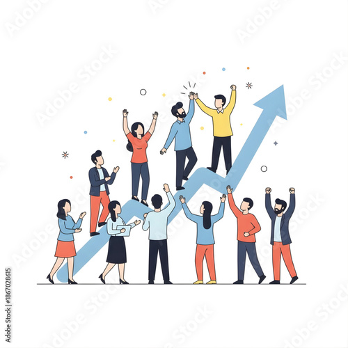 Diverse business team celebrating collective success and significant growth, standing triumphantly on a large upward trend arrow.