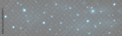 Blue sparkling dust glows shimmer, glitter, twinkle across soft bokeh. Sparks, stardust particles, luminous highlights, flare create festive elegance Christmas and New Year. PNG vector illustration.