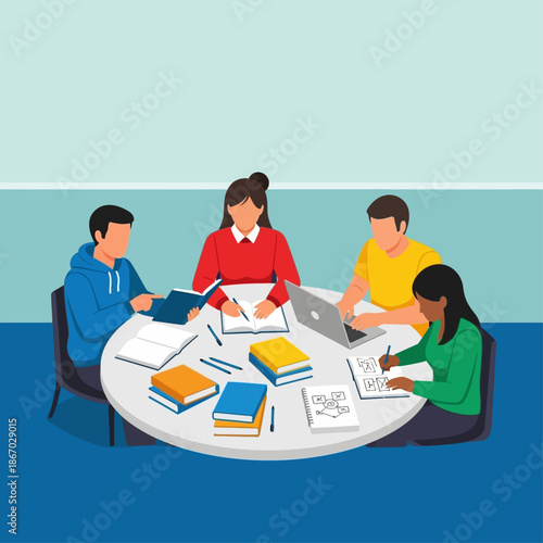 Diverse group of young adults engaged in collaborative study session, working together at a round table, focusing on learning and academic success and knowledge development