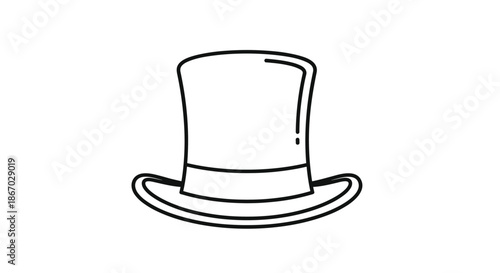 Simple and clean line drawing of a classic top hat with a ribbon band is suitable for illustrations related to magic formal events or style.