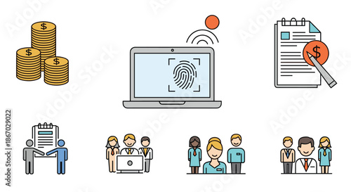 Informative set of color icons representing business finance and security themes like biometrics team collaboration and monetary success.