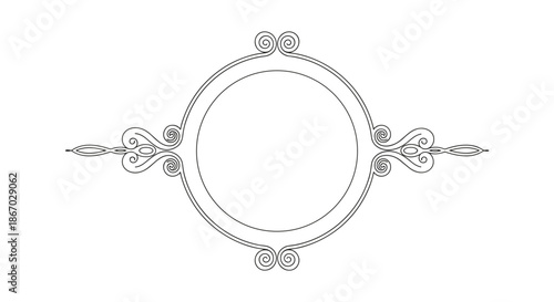 Circular frame featuring elaborate symmetrical side flourishes with swirling lines creates a refined and elegant look for logos or labels.