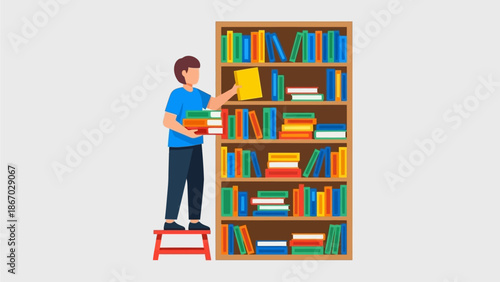 A young boy is organizing books on a tall bookshelf while standing on a step stool, surrounded by colorful volumes