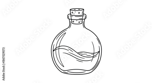 Illustration of a round glass bottle with a cork stopper containing a mysterious liquid with a wave is great for fantasy or alchemy themes.
