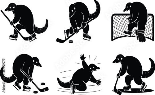 Six black pangolin characters playing ice hockey animal