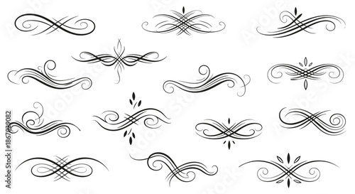 Comprehensive set of elegant flowing calligraphy-style flourishes and dividers adds a sophisticated and artistic touch to any design project.