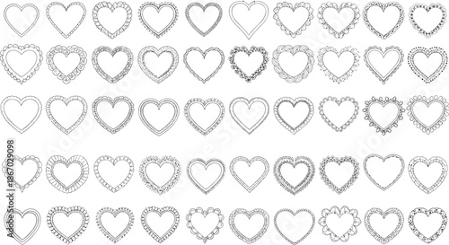 Grid of diverse heart shapes with intricate decorative borders and motifs provides numerous options for romantic and greeting card designs.