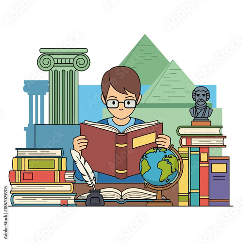 Diligent student reading books, exploring history and global knowledge amidst ancient artifacts and literature, symbolizing an academic journey and the pursuit of wisdom