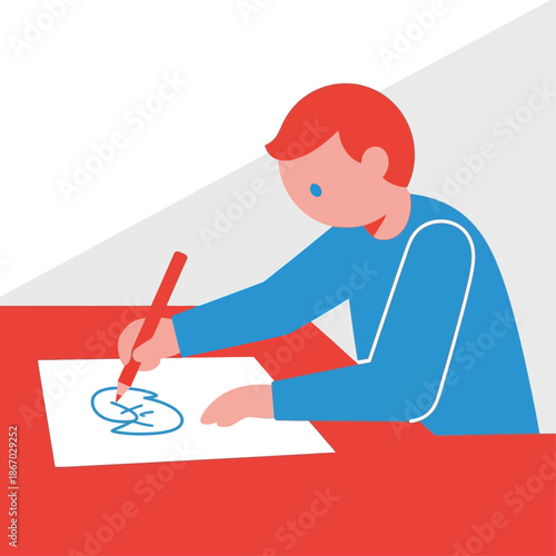 Captivating illustration of a young person focused on their artistic concept, actively drawing with a red marker, embodying creativity and imaginative exploration