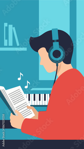 Young man wearing headphones, reading a book, with musical notes and a keyboard in the background
