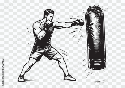Dynamic Hand-Drawn Boxer Punching Heavy Bag