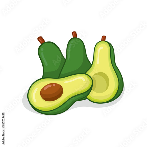 Fresh Green Avocados Whole and Halved with Pit