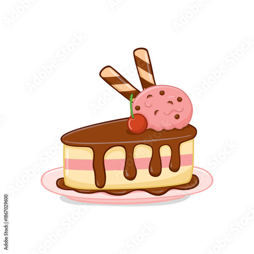 Delicious Cake Slice with Ice Cream and Cherry