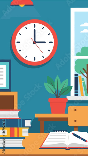 Cozy home office setup with a desk, books, plant, and clock, perfect for studying and working from home