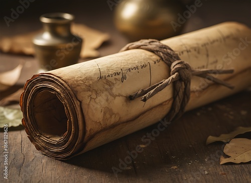 Ancient rolled parchment tied with twine, on a rustic wooden table