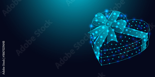 Low poly wireframe heart shaped gift box with bow on blue background.