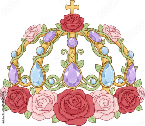 A golden crown adorned with roses and colorful gemstones