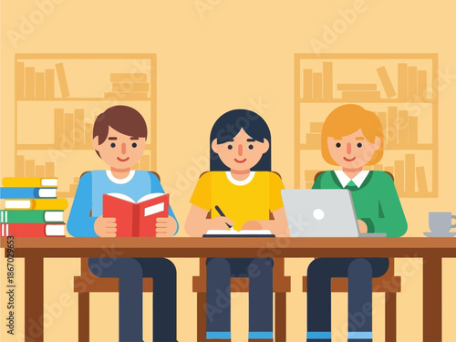 Students studying and working together at a table in a library with books and laptops