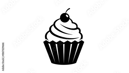 Simple black and white cupcake with cherry on top.