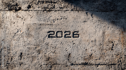 2026 stamped into wet concrete with a trowel mark texture, construction detail shot, realistic