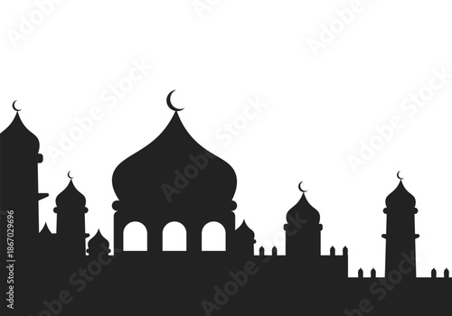 Isolated illustration of a mosque silhouette with a collection of randomly arranged domes for images, banners, advertisements and editable templates themed on Ramadan, Eid al-Fitr and other Event.