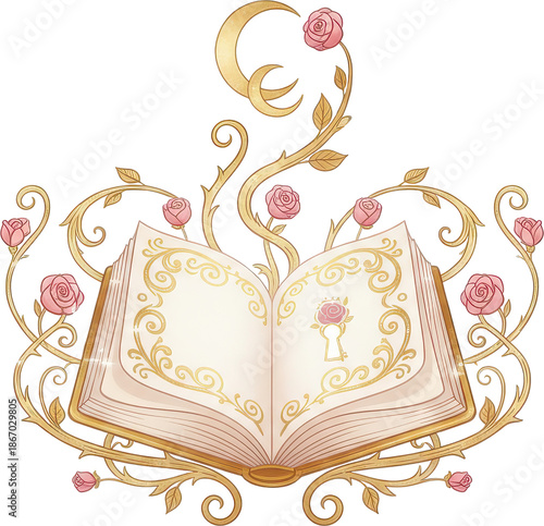 Ornate Golden Fairytale Book with Roses and Vines