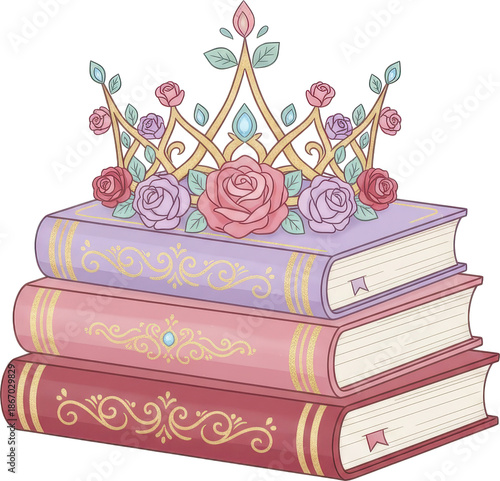 Stack of beautifully decorated books topped by a crown with roses and jewels