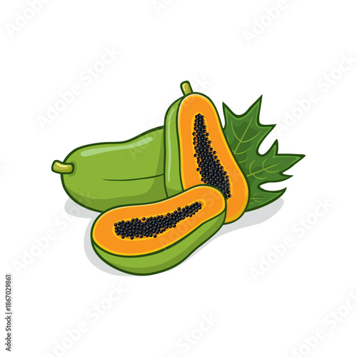 Fresh Papaya Fruit with Leaf and Halves