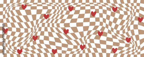 Abstract wavy checkered pattern with red hearts on brown background. Modern romantic seamless design for Valentine’s, textile prints, wallpapers, and digital projects