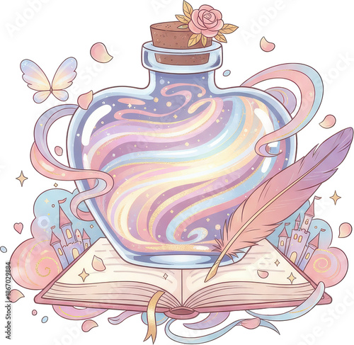 Whimsical fantasy potion bottle filled with colorful magic resting on an open book with castles