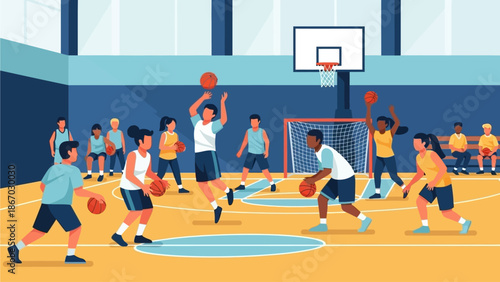 Lively basketball game illustration featuring diverse children and teenagers actively playing in an indoor sports hall, emphasizing teamwork, physical activity, and friendly competition