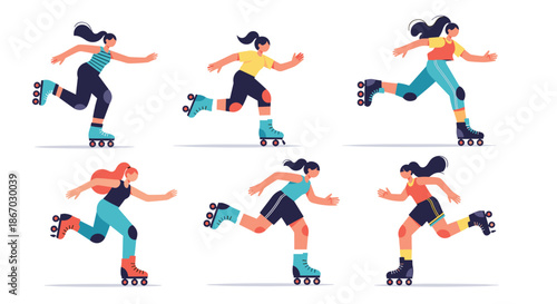 Set of six energetic female characters in various colorful outfits roller skating with dynamism and joy on a white background.