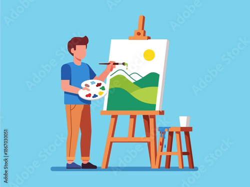 An animated character engages in the artistic journey, showcasing the joy and fulfillment of the creative process through painting a serene landscape on an easel