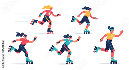 Dynamic set of diverse female characters in colorful outfits and protective gear enjoying roller skating at speed on a white background.