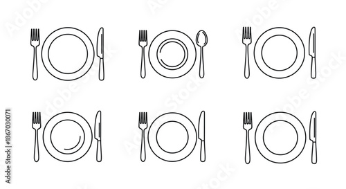 Set of six minimalist black line art icons showing various place settings with plates, forks, knives, and spoons on white.