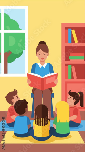 Teacher reading a book to children in a classroom setting