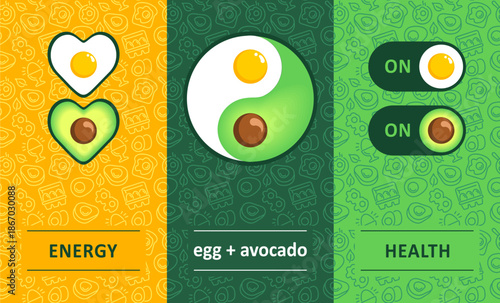 A vector set of templates and design elements in a trendy linear style—seamless patterns with linear icons related to eggs, avocado, protein, healthy eating and nutrition. Logo design templates