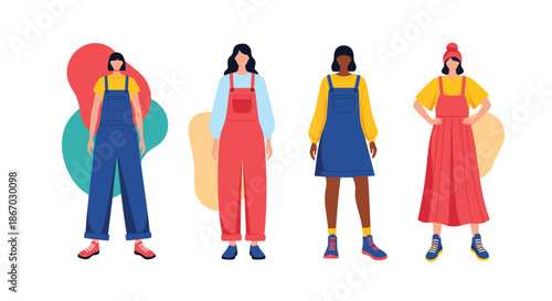 Set of four diverse women in modern flat design, standing in stylish casual outfits with colorful overalls and abstract shapes.