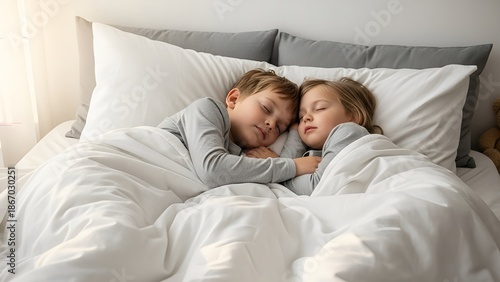 Peaceful Indoor Portrait of Young Children Sleeping Soundly on Bed