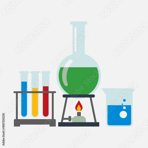 Abstract laboratory equipment with beakers, test tubes, and burner with flame, symbolizing scientific experiment