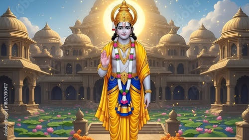 Digital Painting Majestic Lord Krishna with Temple Background Illustration